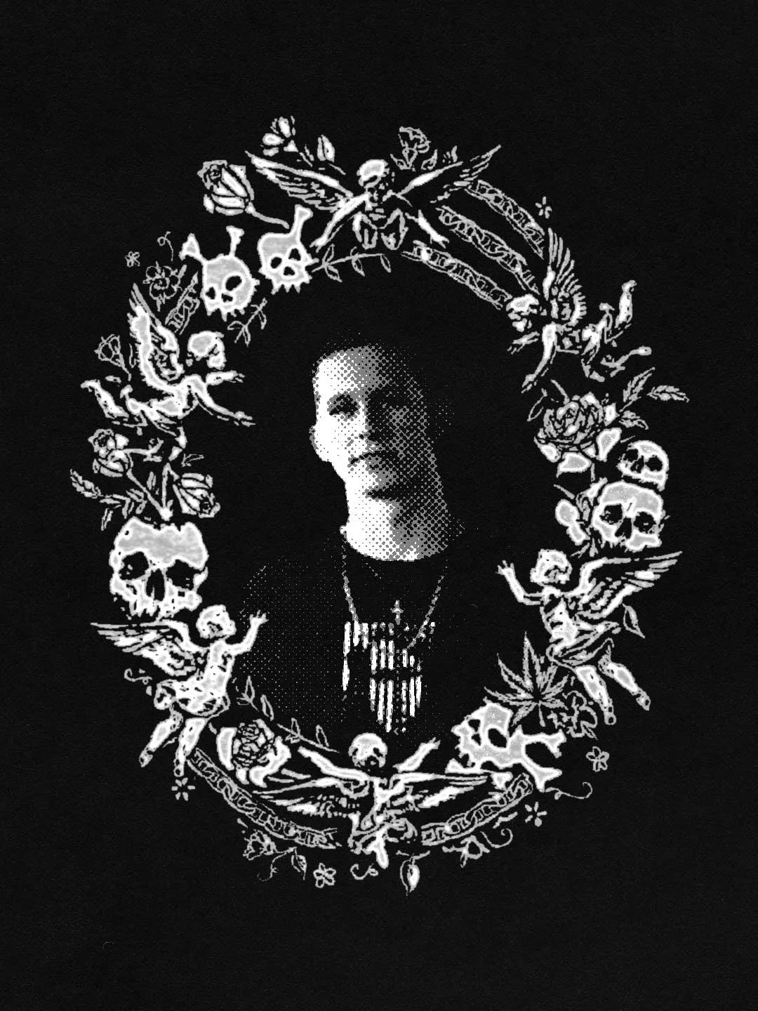 Black and white illustration of Matthew Colwell's face surrounded by a decorative wreath of skulls, flowers, cherubs, mariner chains, and other elements.