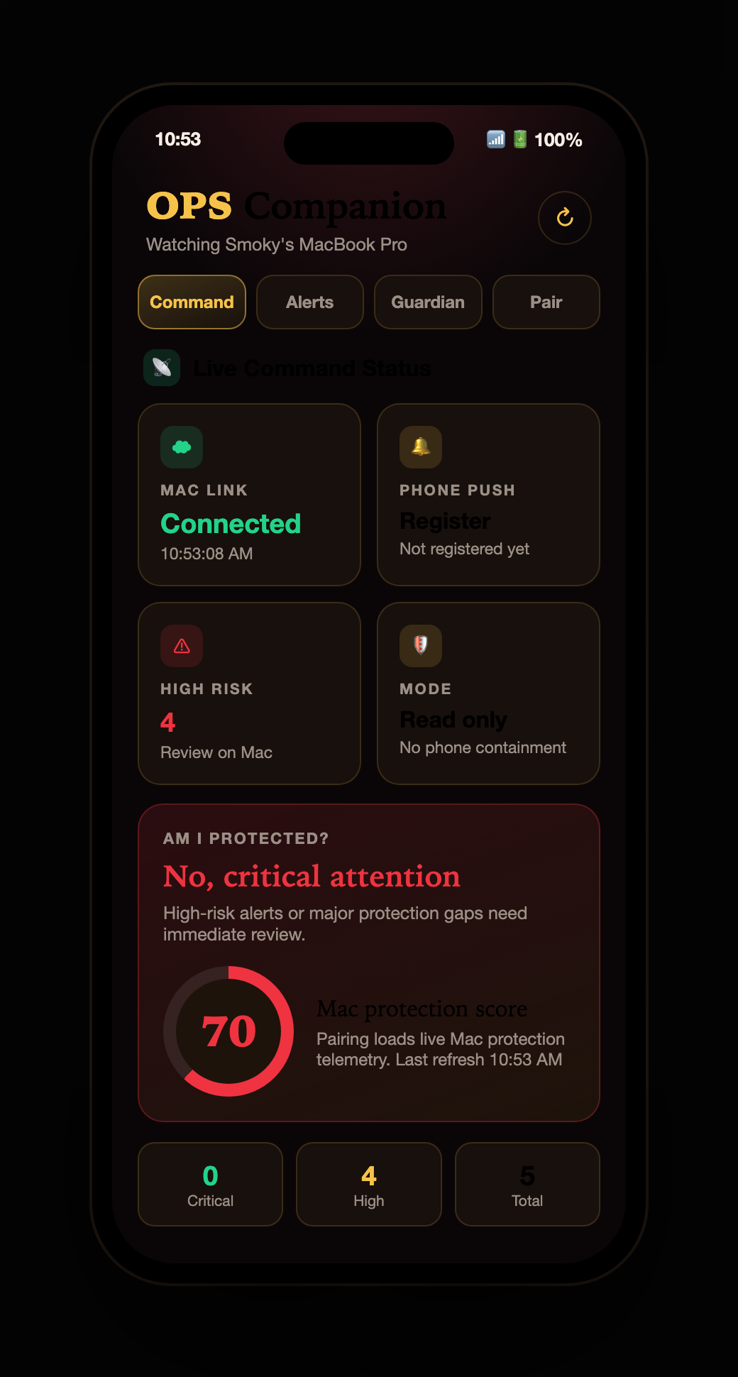 The Ops Companion iPhone app showing your Mac's live security posture at a glance.