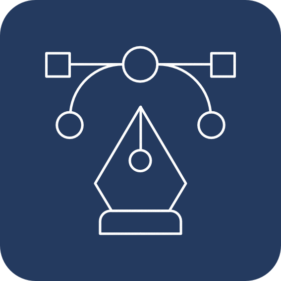 A digital icon representing a graphic design or vector graphic software tool with a pen nib and anchor points.