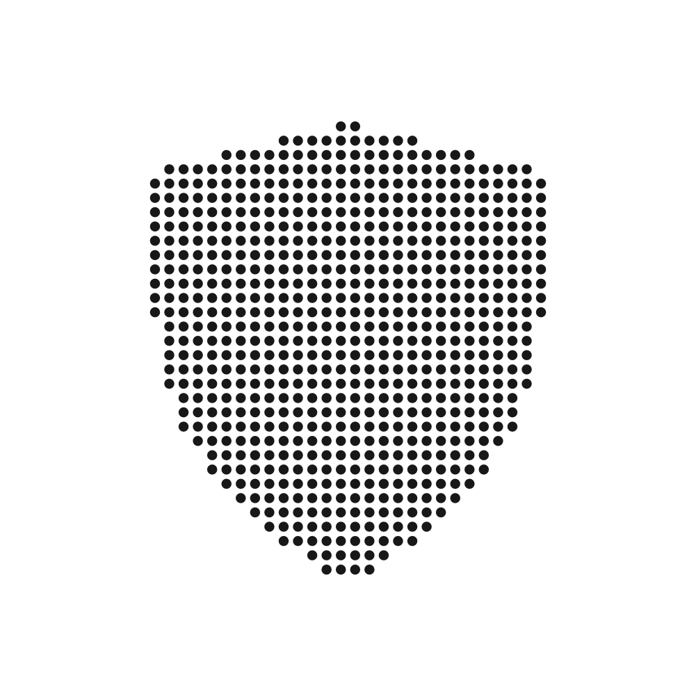 A shield symbol made of black dots on a white background.