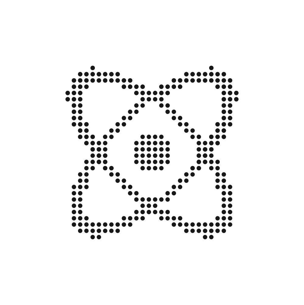 Dotted line drawing of a skull with four bow shapes surrounding it.