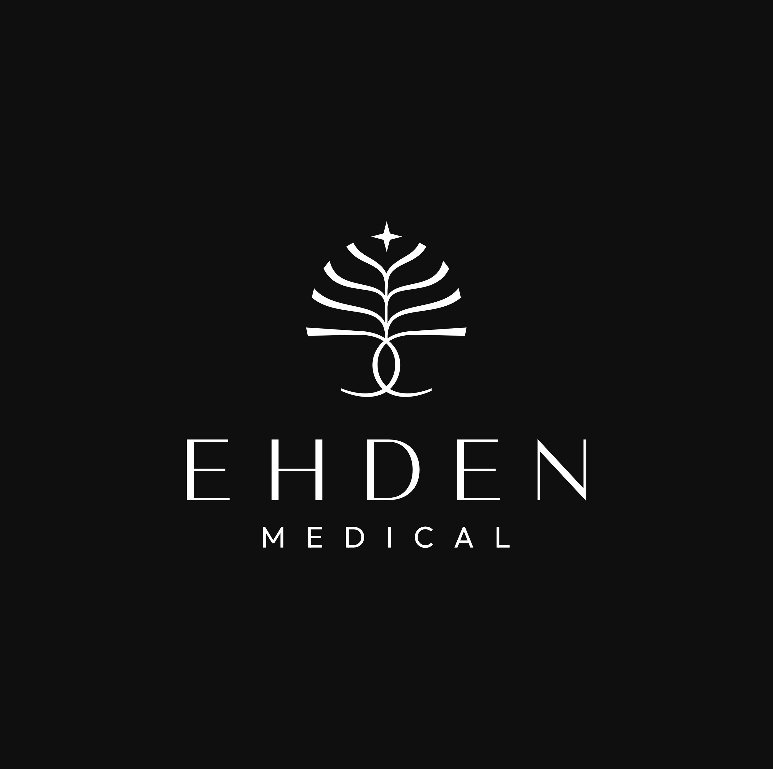 Black background featuring white text and a simple decorative line drawing of a plant or tree. The text reads 'ELDEN MEDICAL'.