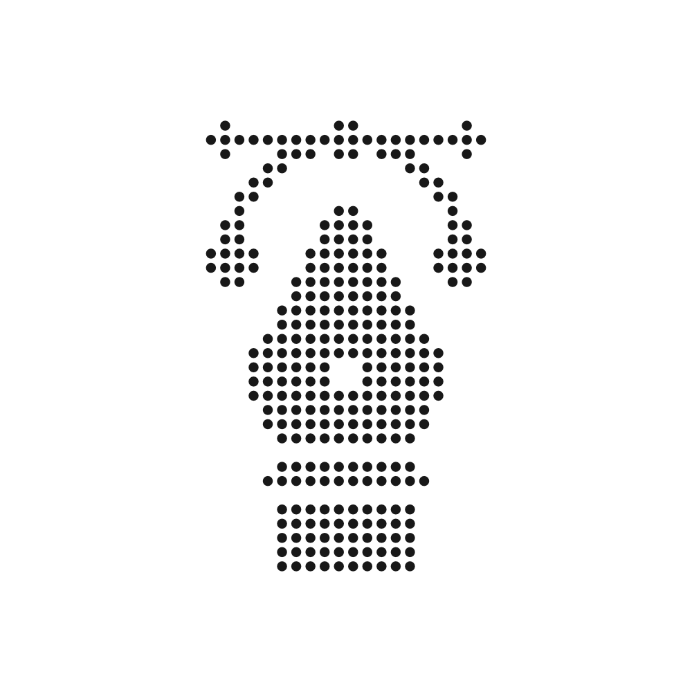 Dot art image of a vintage rotary telephone made with black dots on a white background.