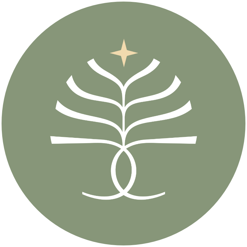 Illustration of a stylized tree with a star above it, on a green circular background.