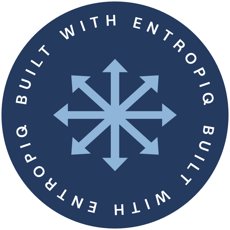 Circular logo with a dark blue background and the text 'Built with Entropiq' written around the edge. Centered is a snowflake-like symbol with six arrows pointing outward in a lighter blue shade.