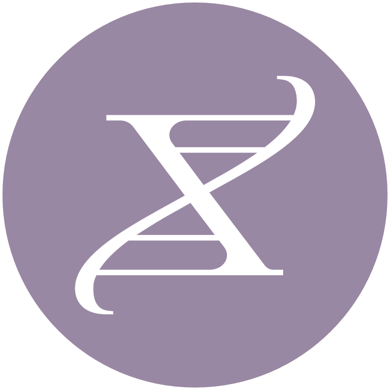 A stylized DNA double helix icon on a purple circular background.