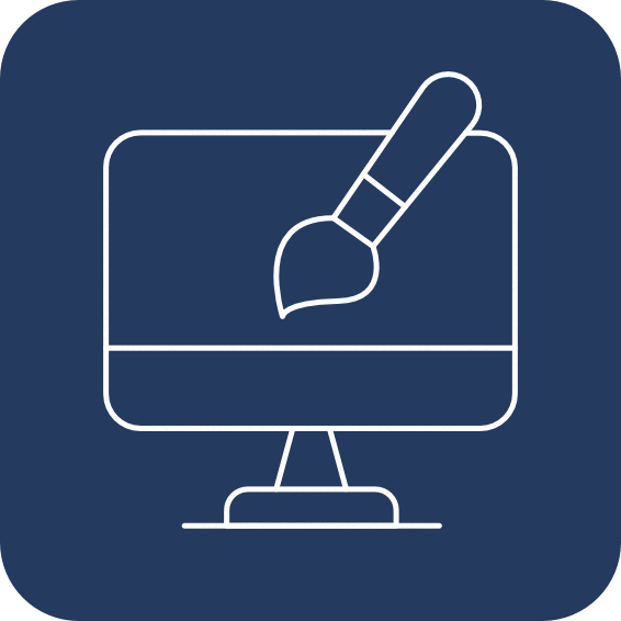 Outline of a computer monitor with a paintbrush crossing in front of it on a dark blue background.