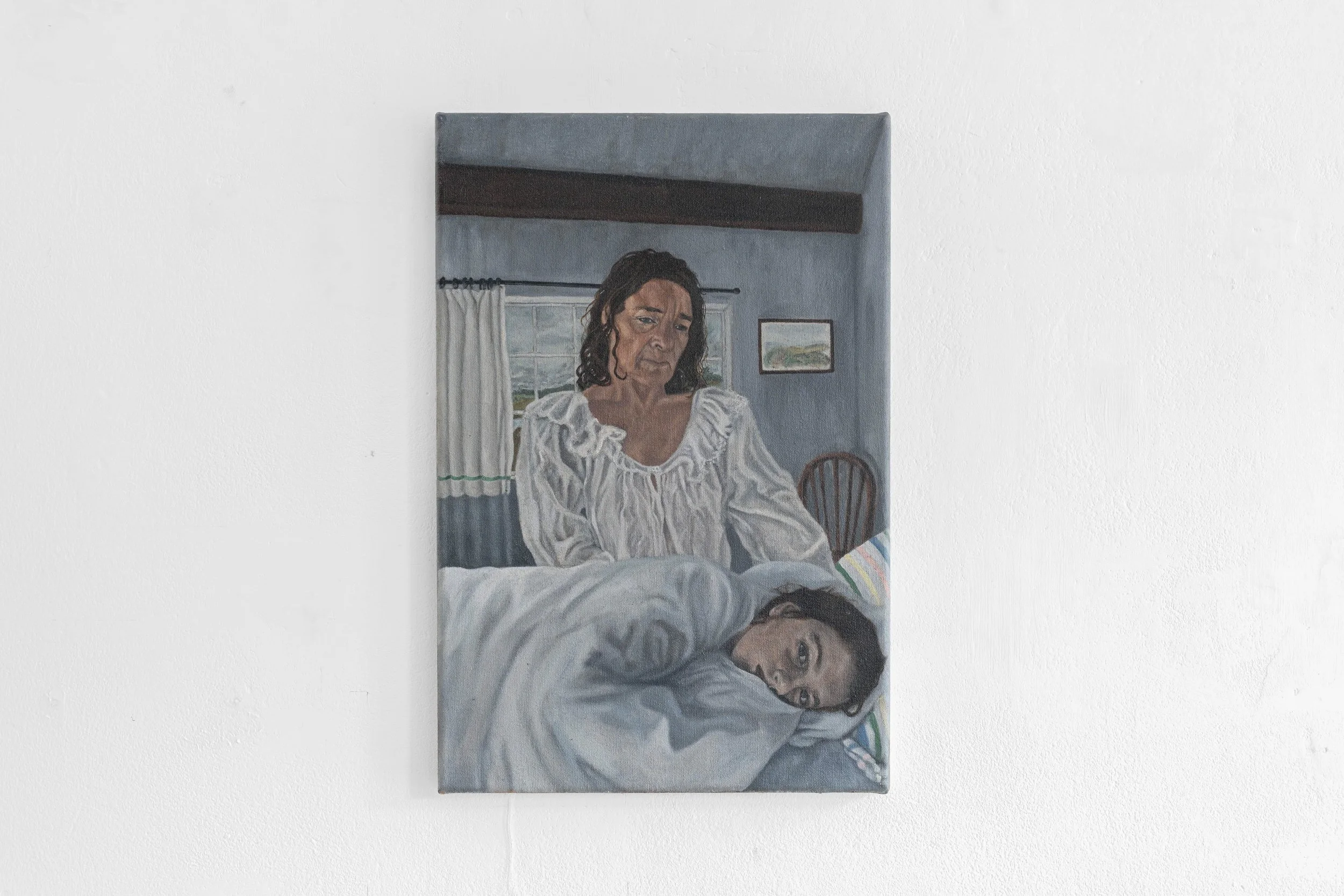 A painting of two women, one sitting on a bed and the other lying down in front of her, in a room with a window and a landscape painting on the wall.