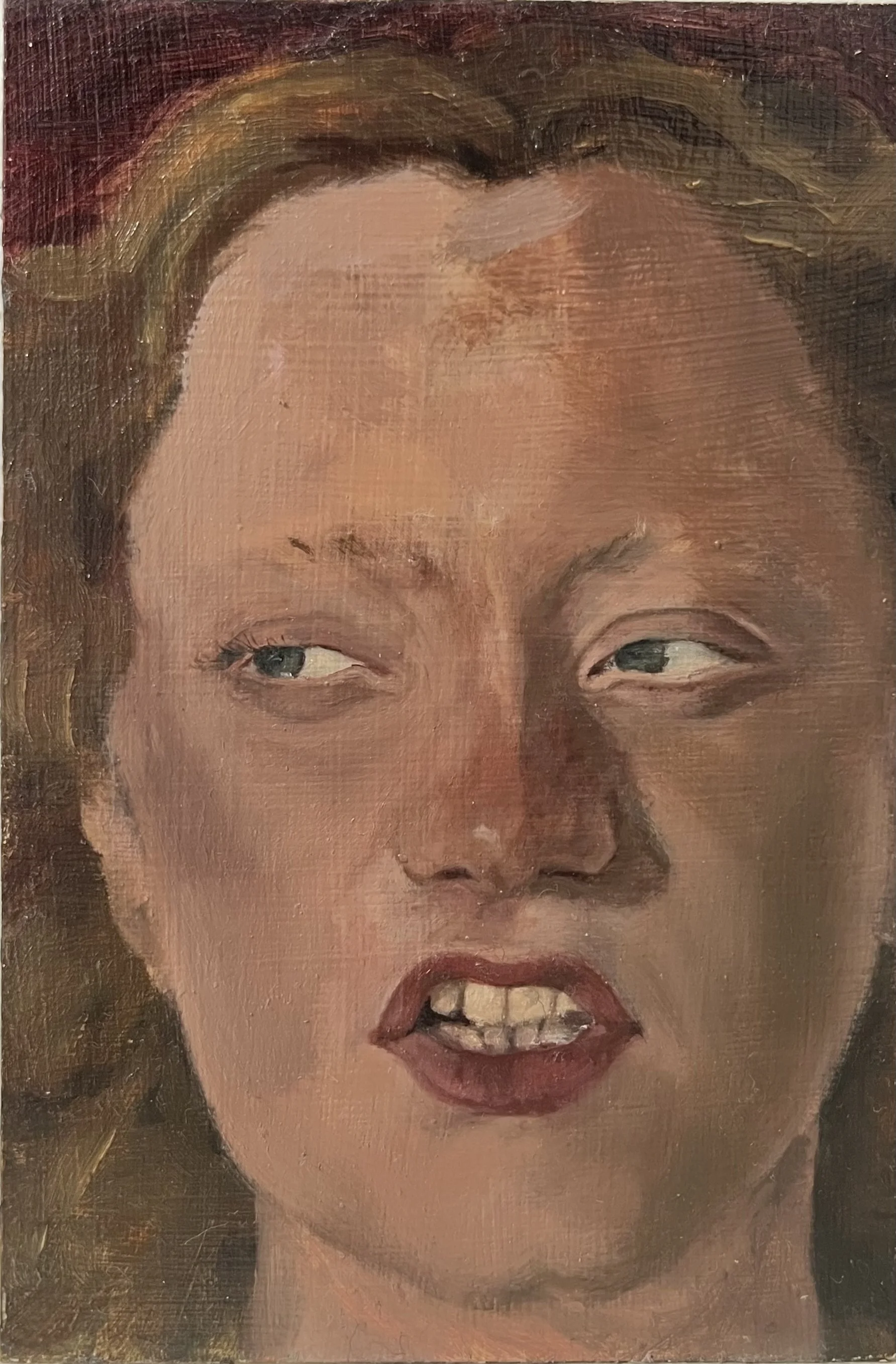 A close-up portrait painting of a woman with expressive eyes, slightly open mouth, and long hair, rendered in a realistic style with visible brushstrokes.