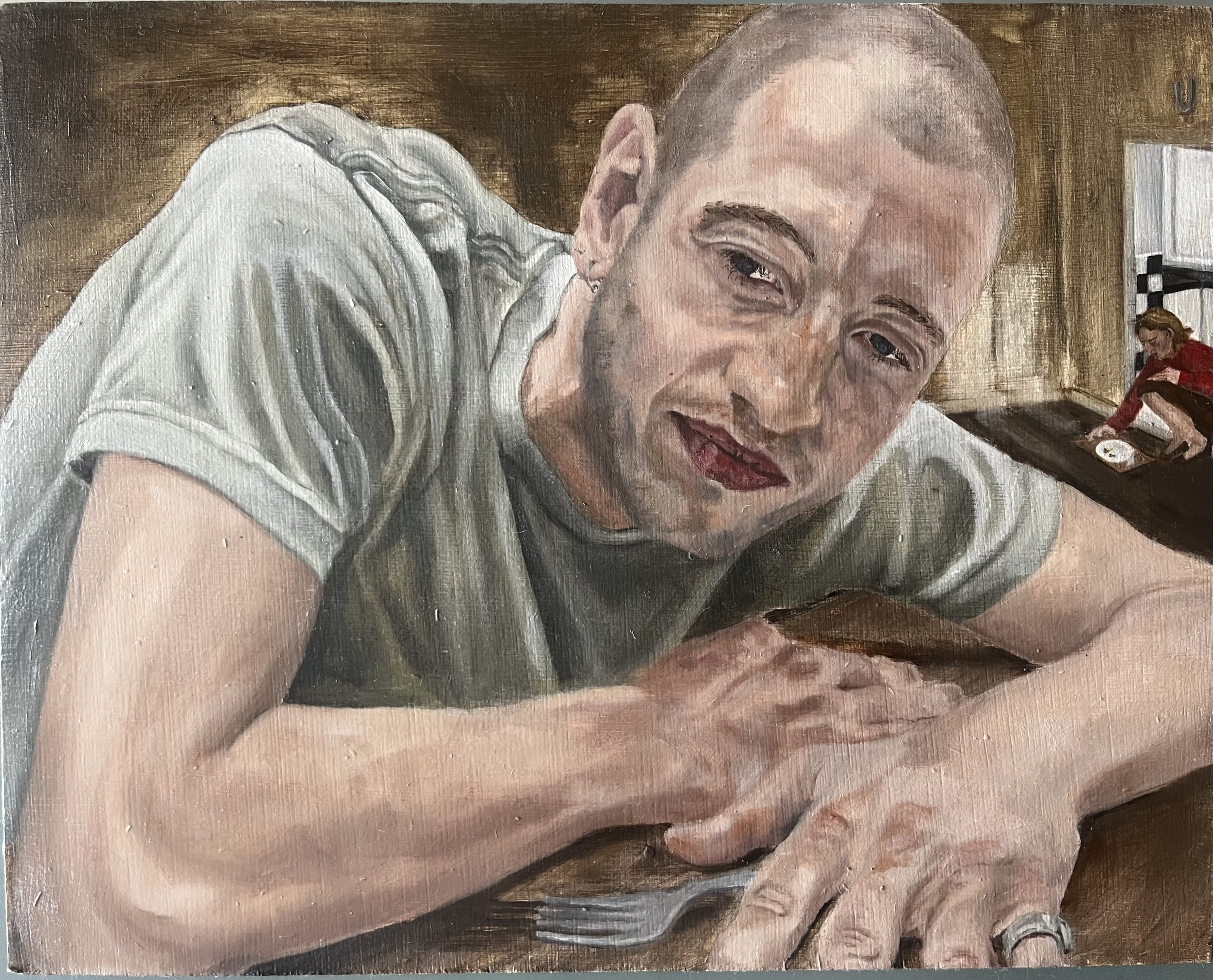 'Mummy's Boy,' oil on board, 30x24cm 