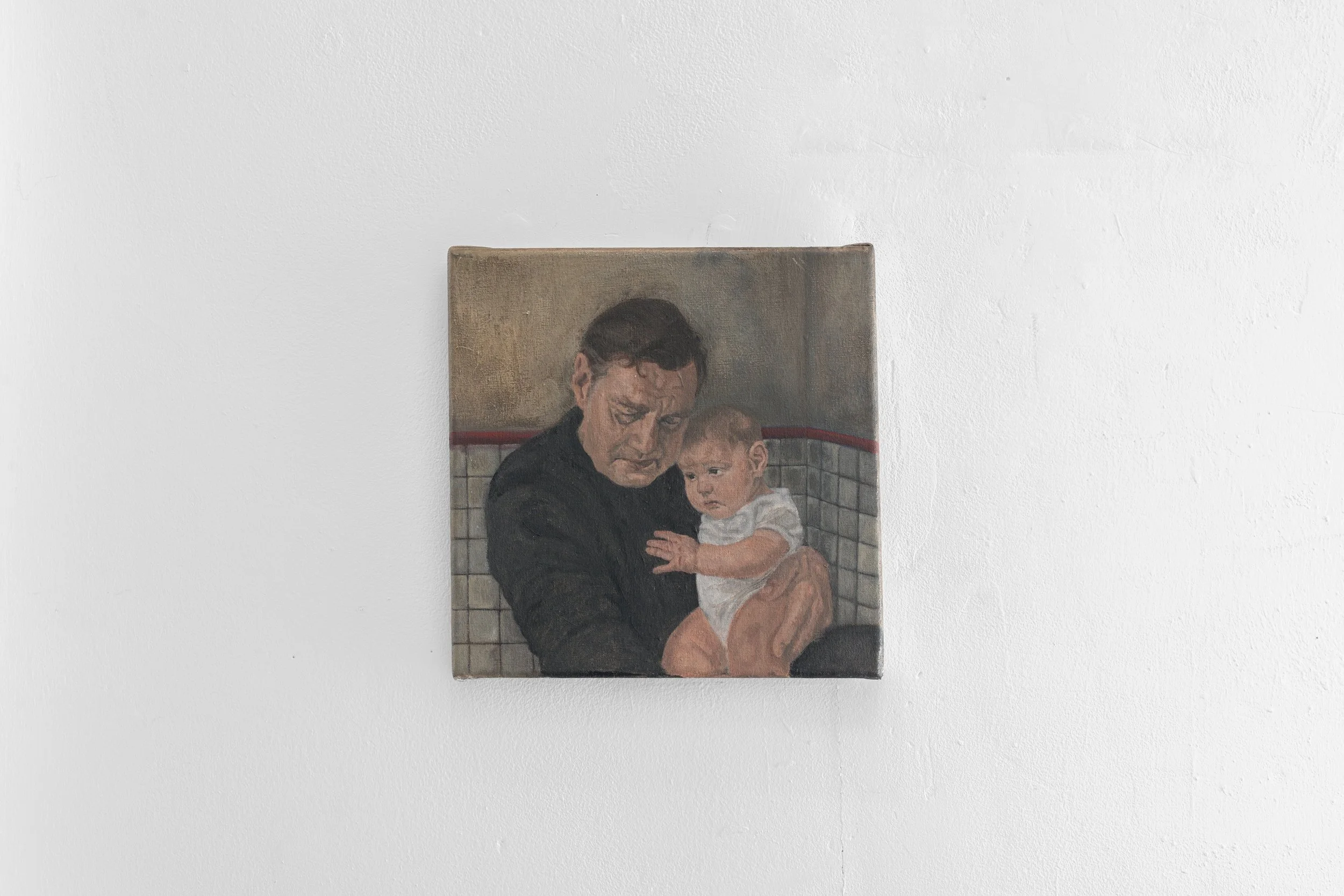 Painting of a man holding a young child, both with serious expressions, against a neutral background.