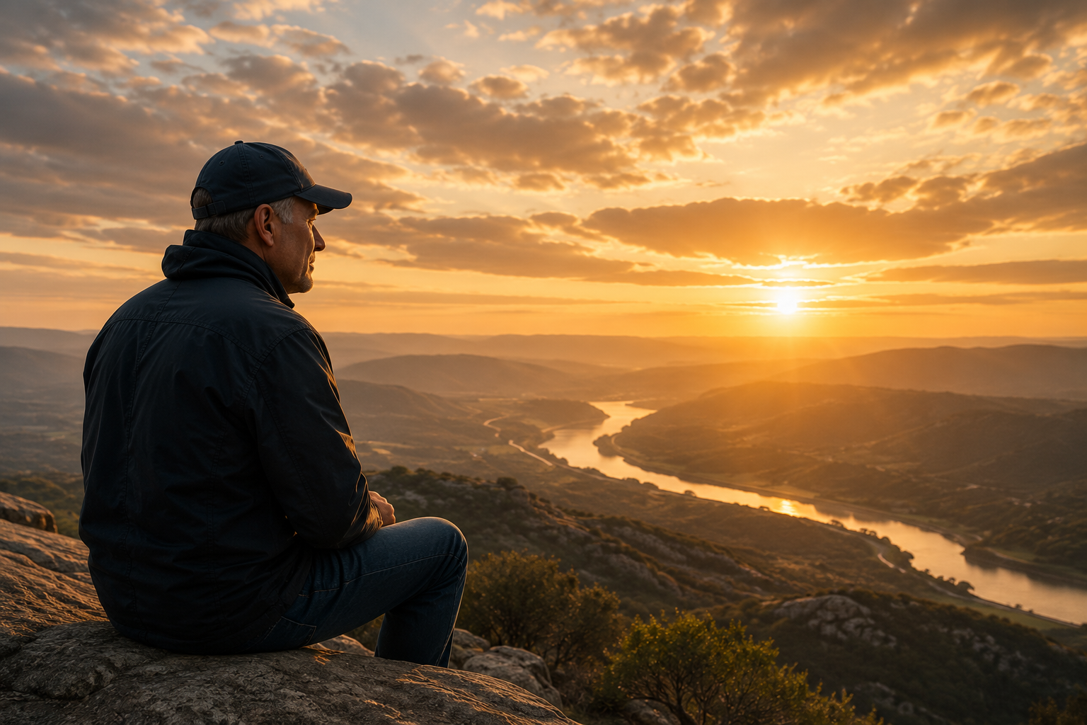 A man sitting on a rock at sunset overlooking a river and rolling hills.