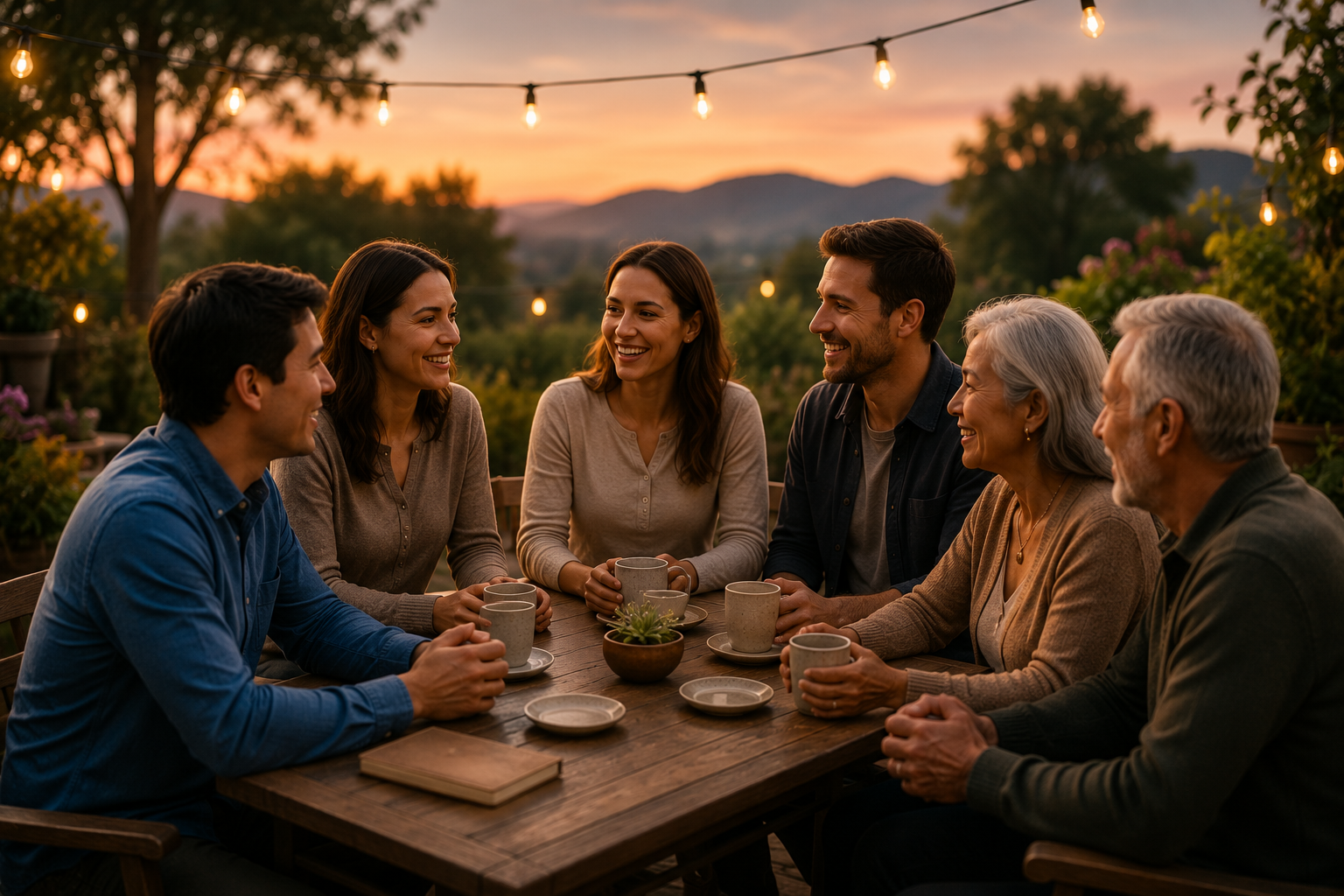 A group of seven people sitting around a wooden table outdoors at sunset, smiling and talking, with string lights overhead and mountains in the background.