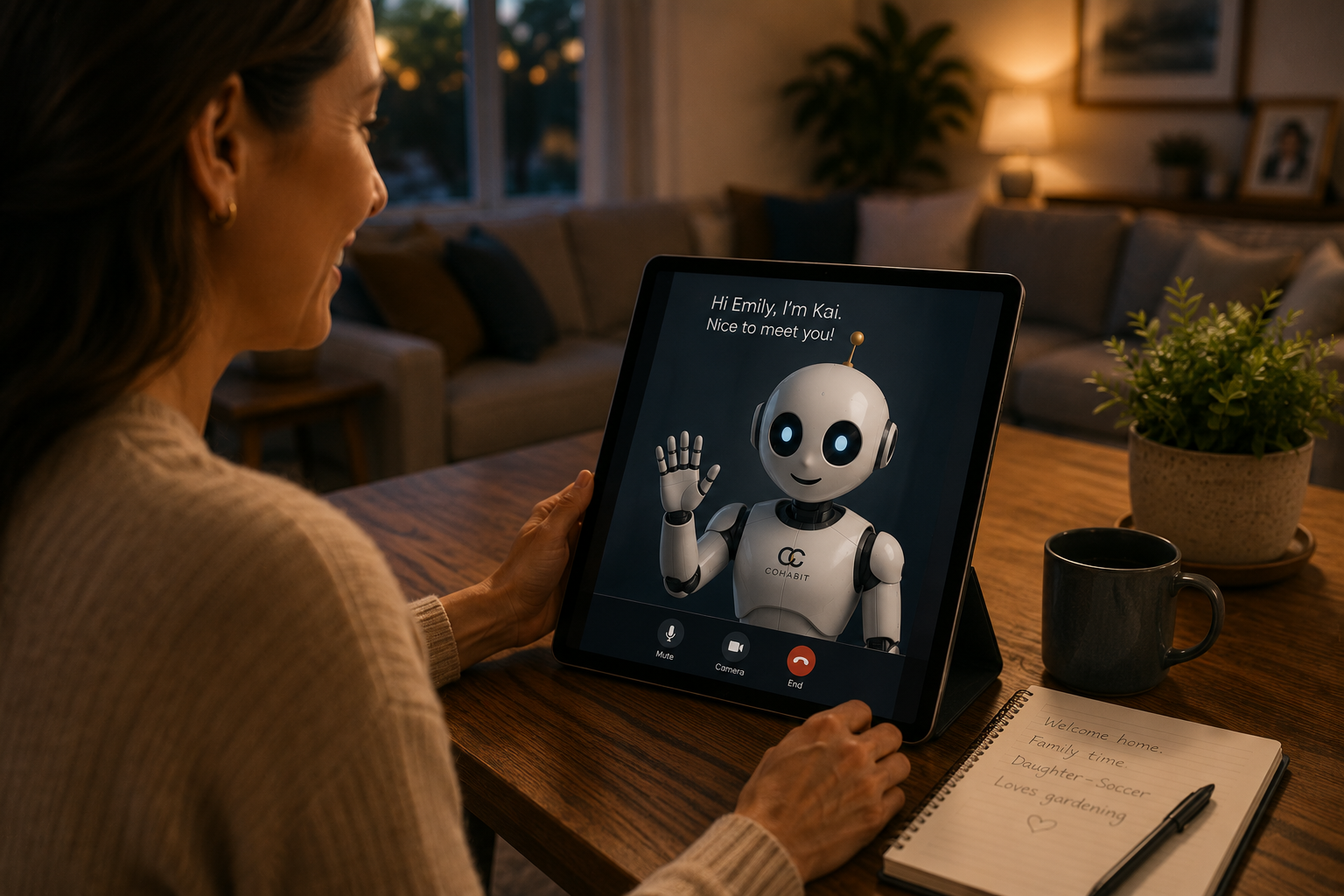 A woman sitting at a wooden table using a tablet to video chat with a robot. The robot has a friendly appearance with a round head, big eyes, and waving hand. The background shows a cozy living room with a couch, lamp, and framed pictures.