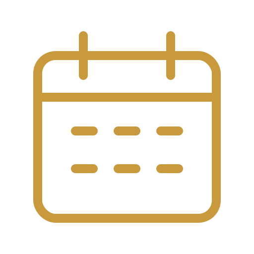Icon of a calendar with a gold outline on a black background.