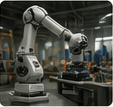Industrial robotic arm working on a machinery component in a factory setting.