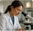 A female scientist looking through a microscope in a laboratory.