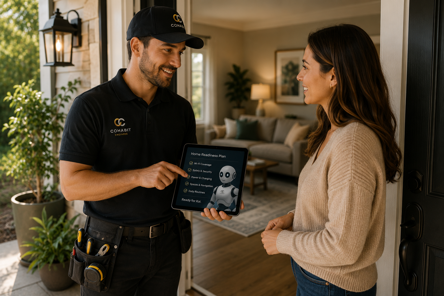 A repair technician showing a woman a tablet with a home readiness plan inside a house.