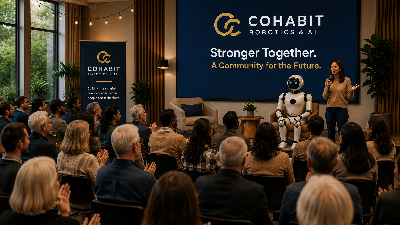 A woman speaking at a conference with a robot on stage, audience clapping, and a large screen displaying 'COHABIT ROBOTICS & AI' and the slogan 'Stronger Together. A Community for the Future.'