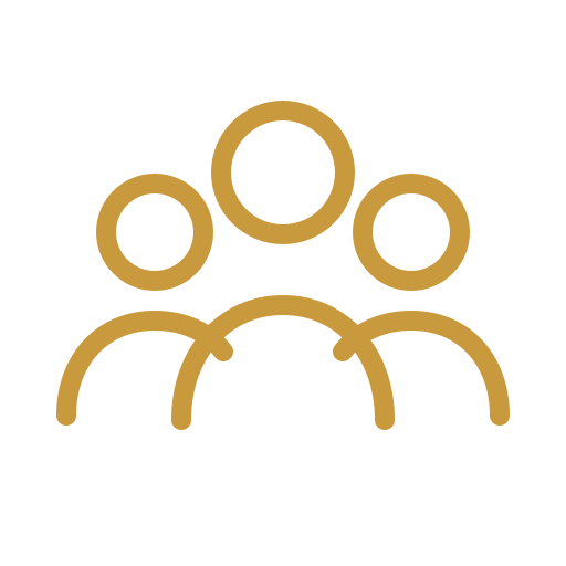 Icon of three people in gold outline on black background.