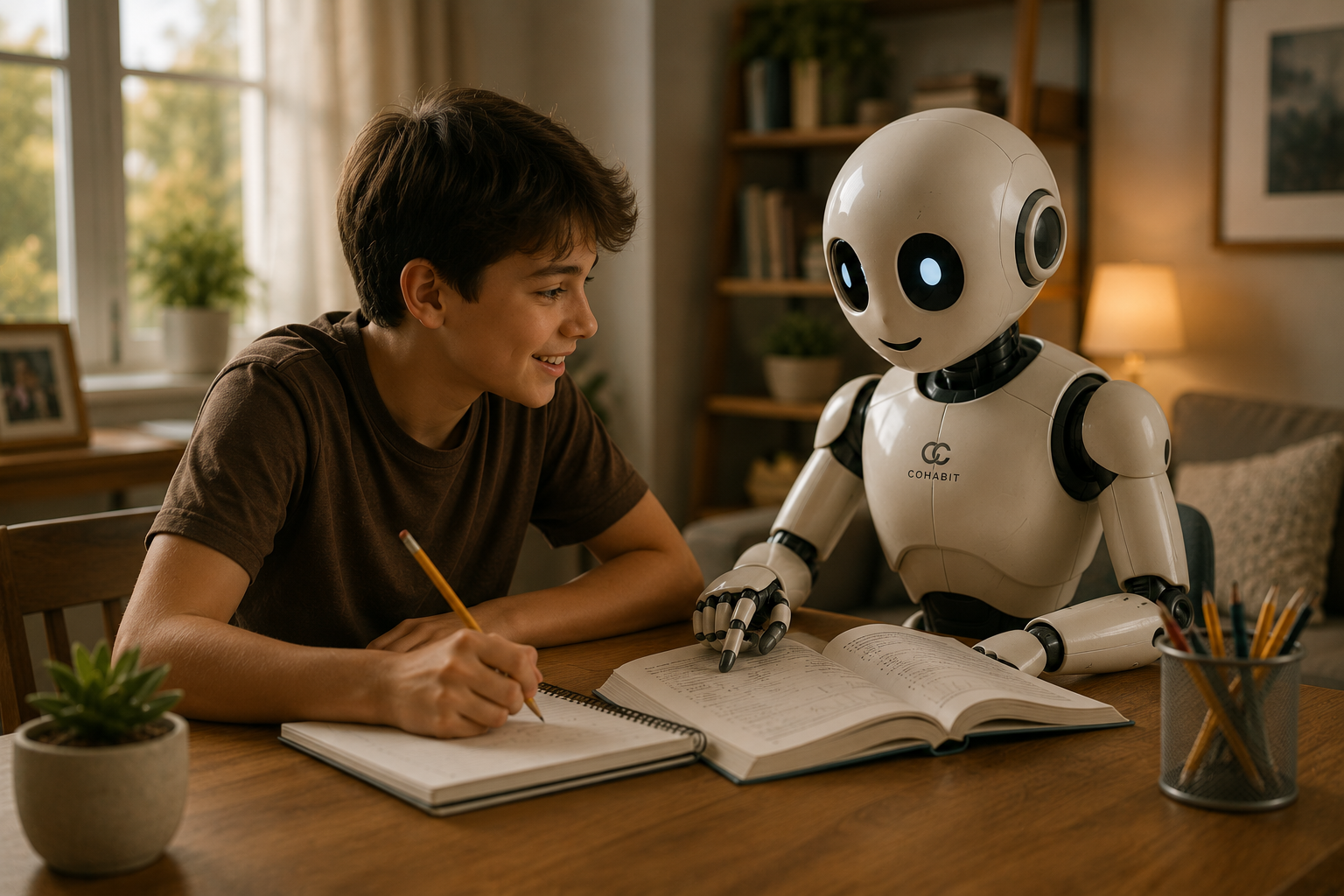 A young boy sitting at a wooden table, smiling and writing in a notebook, while a humanoid robot with a white body and black accents looks at an open book in front of him in a cozy living room with soft lighting.