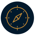 An orange and blue compass icon on a dark background.
