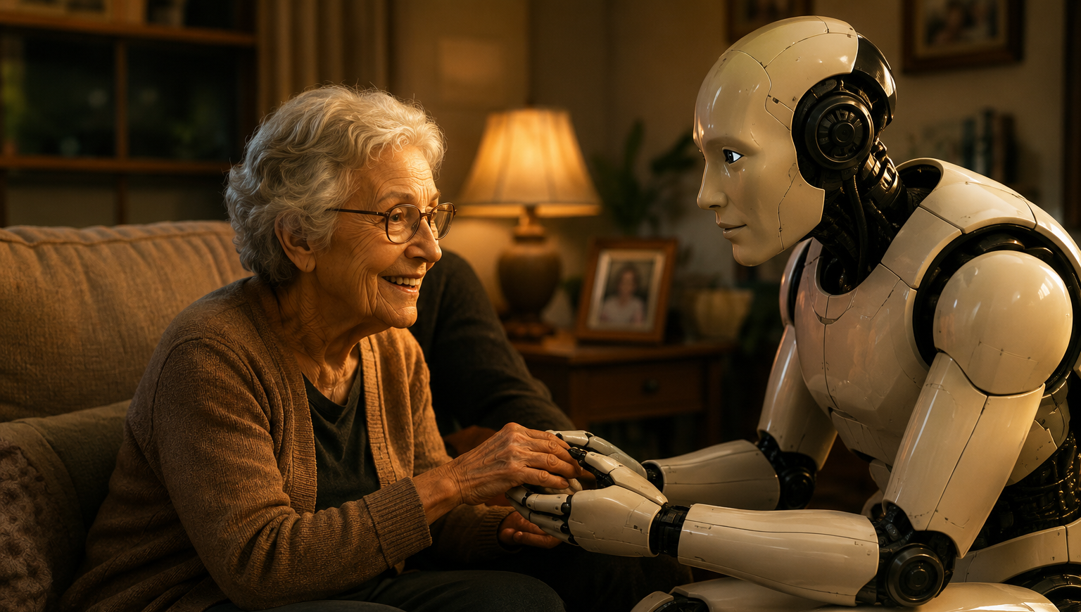 An elderly woman with glasses smiling and touching hands with a humanoid robot in a cozy living room, with a lit lamp and framed photos in the background.