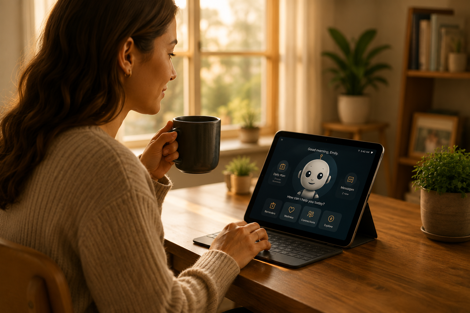 A woman with long wavy hair wearing a beige sweater holds a black coffee mug in one hand while using a tablet with a keyboard attached on a wooden desk. The tablet screen shows a digital assistant interface with a robot icon and options like Daily Plan, Messages, Reminders, Wellness, Connections, and Explore, in a room with large windows, plants, and bookshelves.