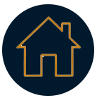 Outline of a house with a chimney in gold on a dark background.