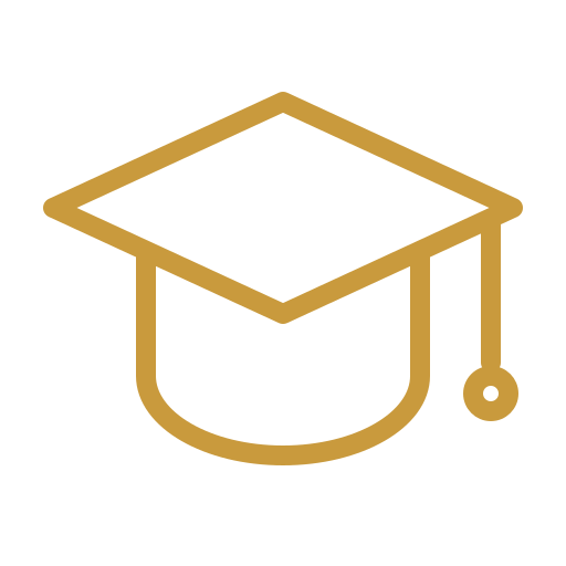Gold graduation cap icon on black background