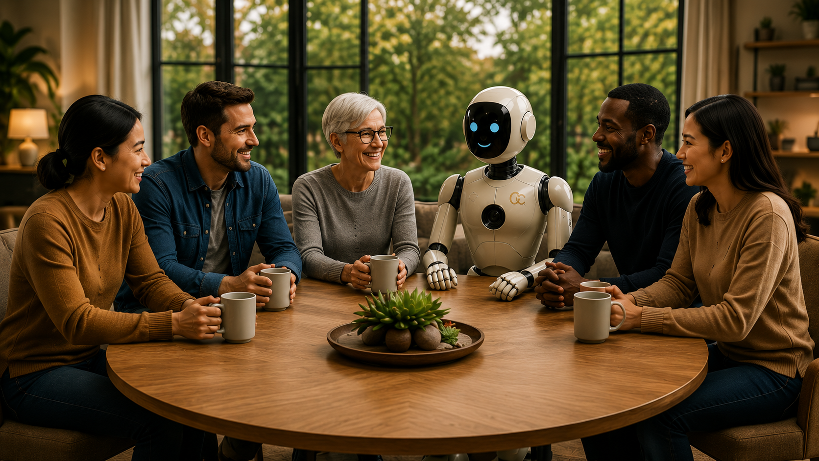 A group of five people sitting around a wooden table with coffee mugs, engaging with a friendly humanoid robot in a cozy, well-lit room with large windows and green trees outside.