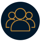 Icon of four stylized people with gold outlines on a dark background