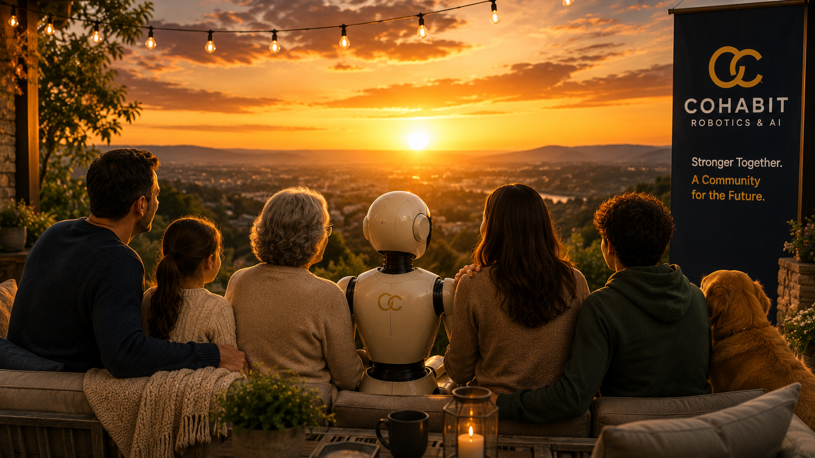 A group of six people and a robot sitting on a sofa outdoors during sunset, facing a scenic view with a sunset, clouds, and mountains, with string lights overhead and a banner that reads "Cohabit Robotics & AI" and "Stronger Together. A Community for the Future."