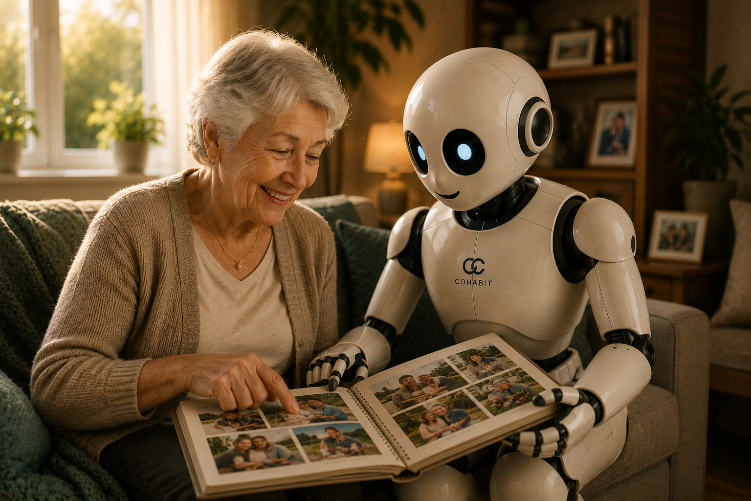 An elderly woman with gray hair and a beige cardigan smiling and pointing at a photo album on her lap, sitting on a green couch, with a friendly robot sitting beside her, holding the album open, in a cozy living room with a window, plants, and framed pictures in the background.
