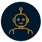Icon of a robot with a smiling face and antenna on top, set against a dark circular background.