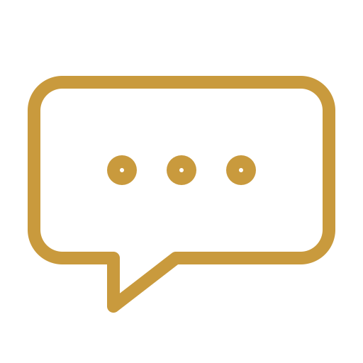 Speech bubble icon with three dots inside, gold outline on black background.