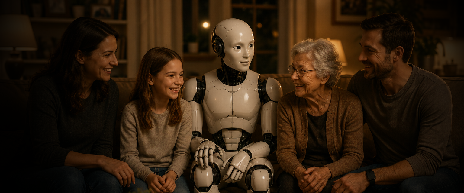 A family of five sitting on a couch with a humanoid robot, all smiling and looking at each other in a cozy living room.