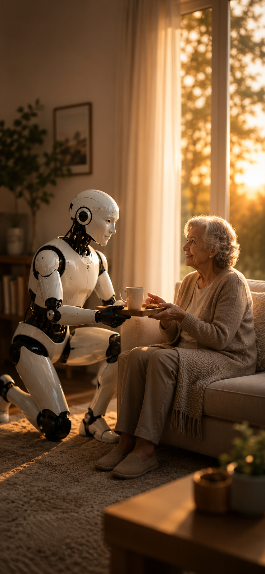 A robot is presenting a tray with a cup and some cookies to an elderly woman sitting on a couch in a cozy living room during sunset.