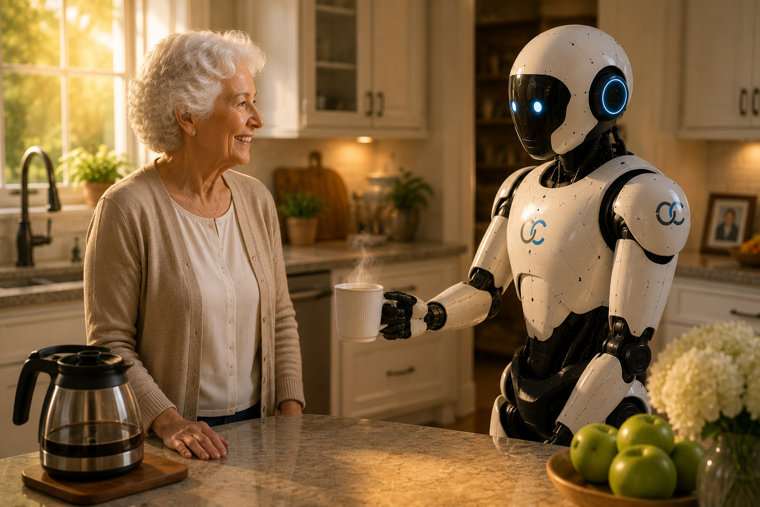 A senior woman smiles as a humanoid robot offers her a cup of coffee in a kitchen.