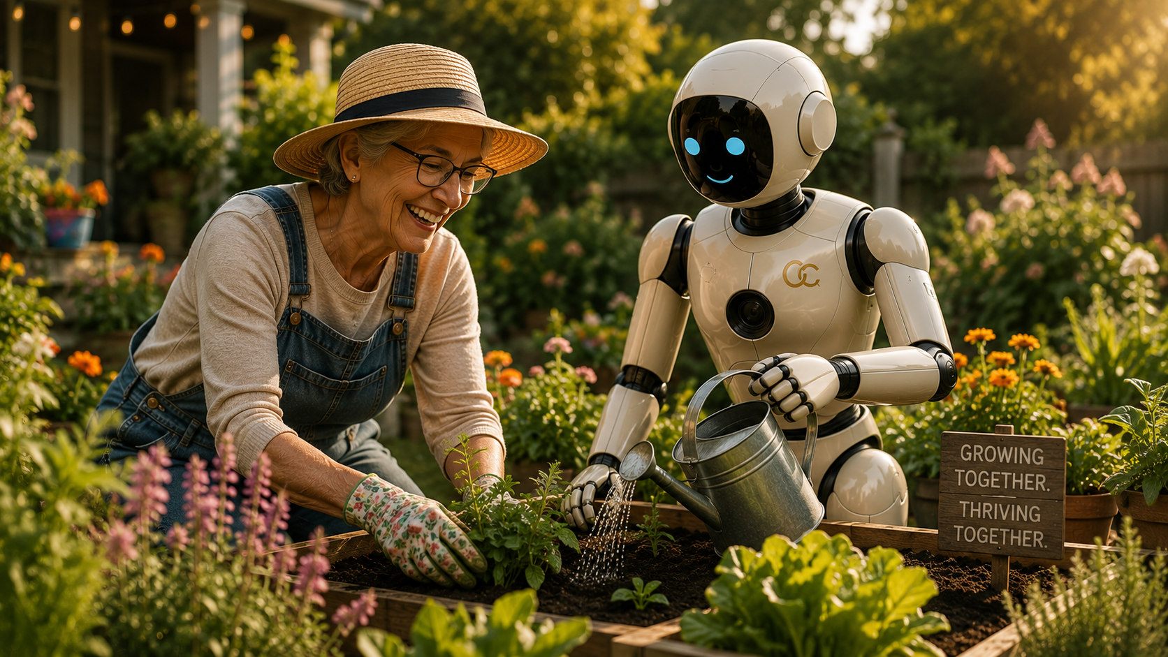 A woman and a robot gardening together in a lush garden. The woman is smiling and wearing a straw hat, glasses, and gardening gloves, while the robot holds a watering can. A sign reads 'Growing Together. Thriving Together.'