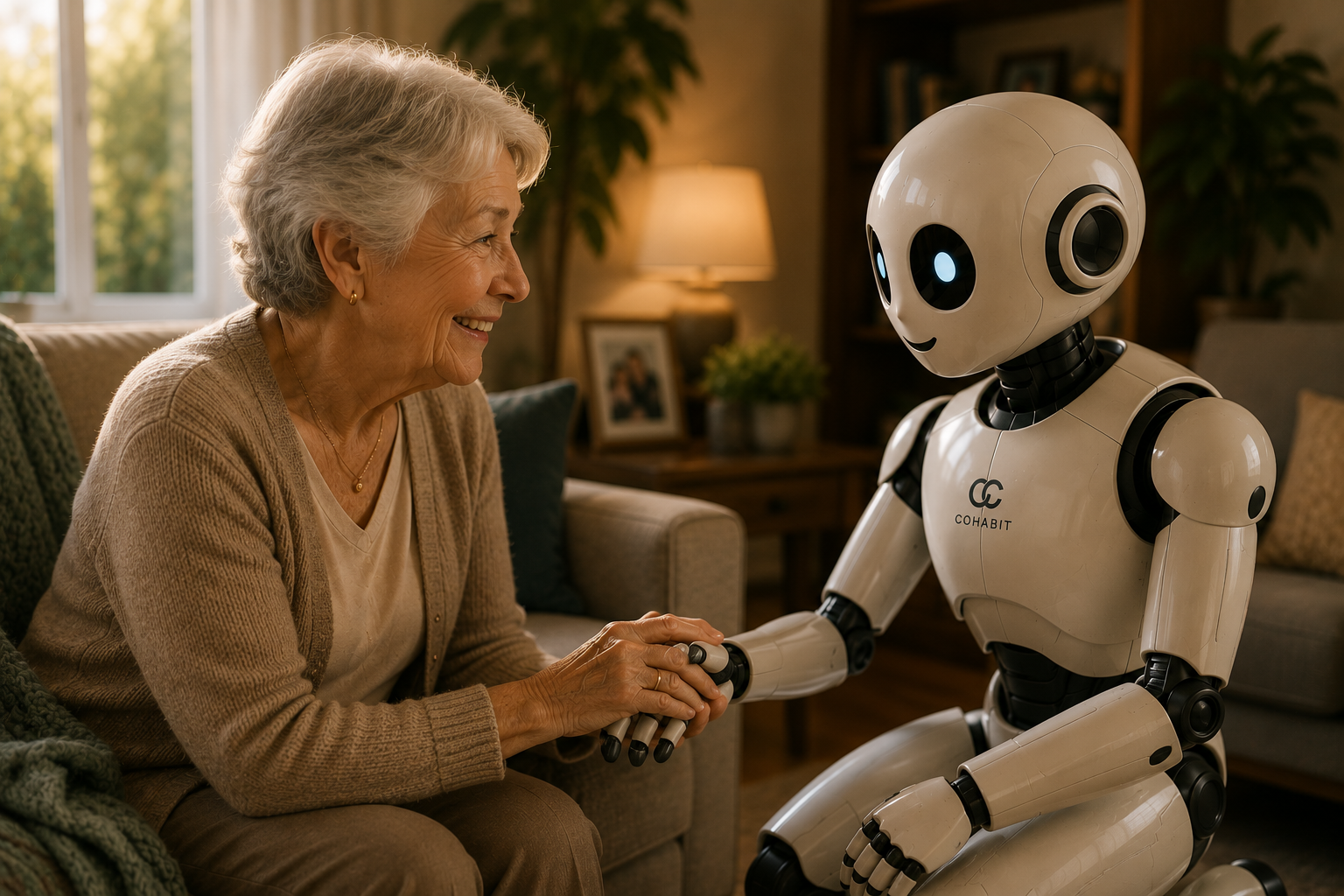 An elderly woman sitting on a beige couch and smiling while holding hands with a humanoid robot in a cozy living room with warm lighting.