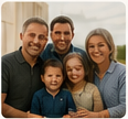 A smiling family of five posing outdoors with a cloudy sky in the background.