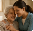 A young woman and an elderly woman sharing a hug and smiling warmly.