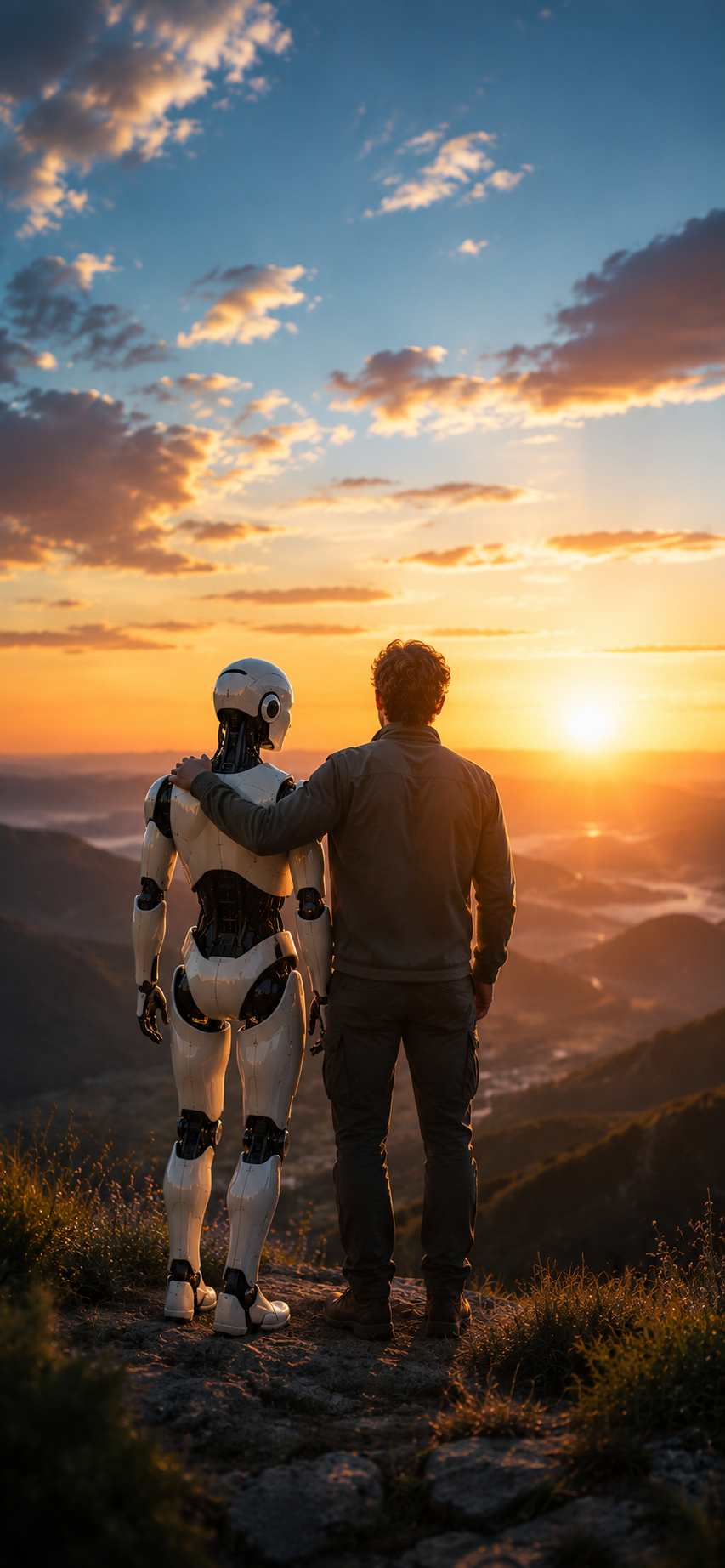 A person and a humanoid robot standing together on a hilltop during sunset, with a scenic view of mountains and a colorful sky filled with clouds.