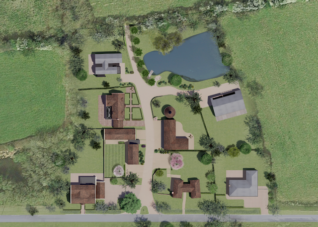 Aerial view of a residential property with multiple houses, a pond, and surrounding greenery.