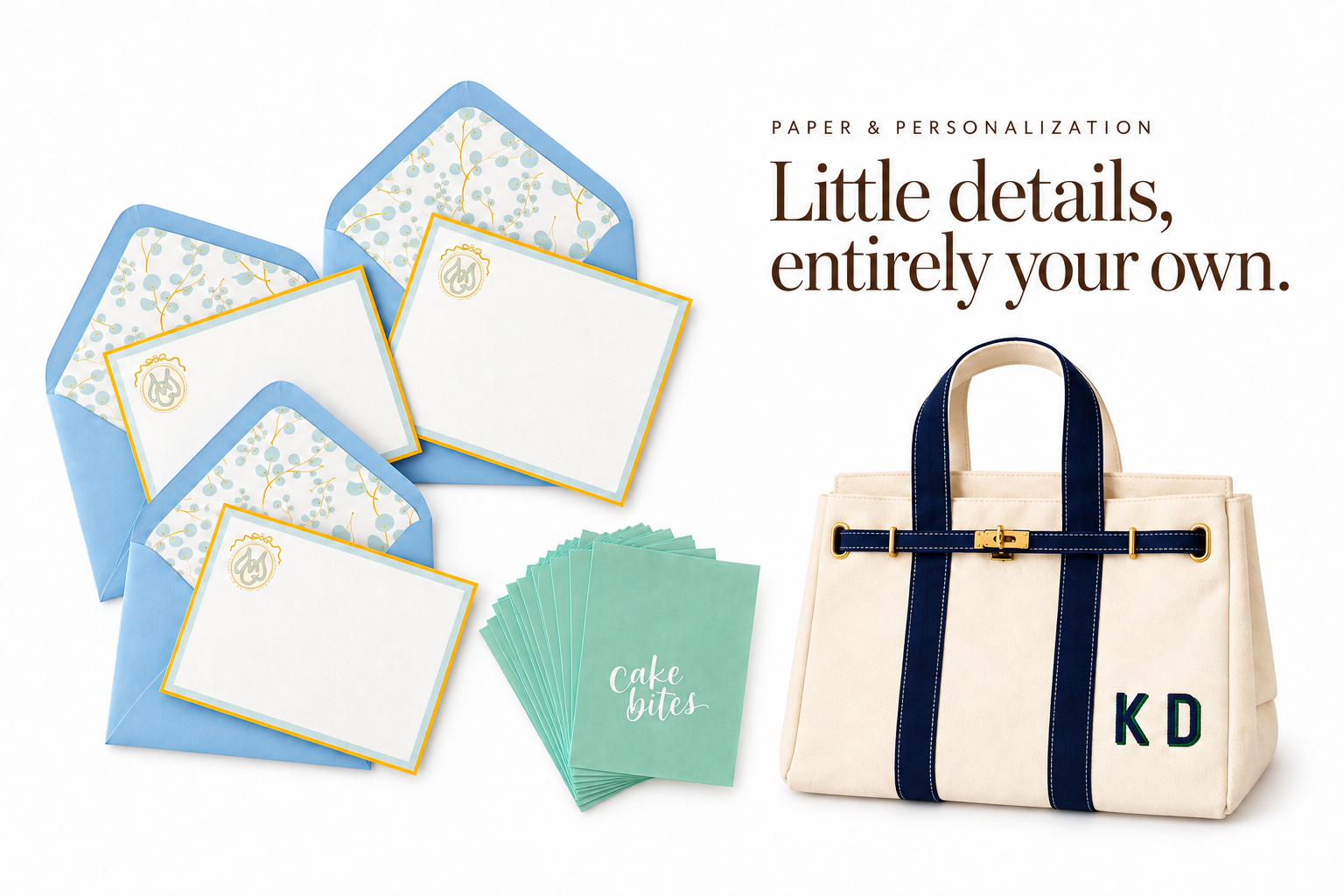 Little details, entirely your own. Meg & Co. monogram stationery with blue floral envelope liners, mint food place cards lettered “Cake Bites,” and a cream canvas tote personalized with KD initials.