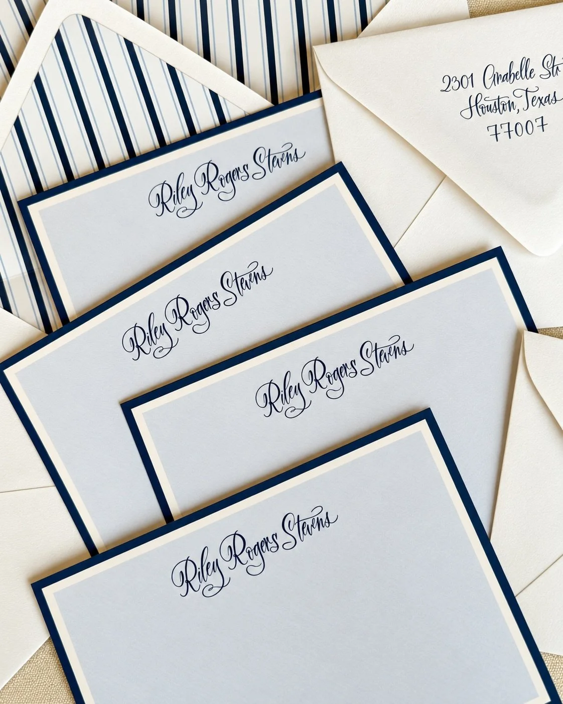 Good manners. Great paper. A little personality. 💌

Custom stationery with sweeping script, crisp navy borders, and a striped liner worth opening the envelope for.

For thank-yous, just-becauses, and things too good for a text. DM me to create your 