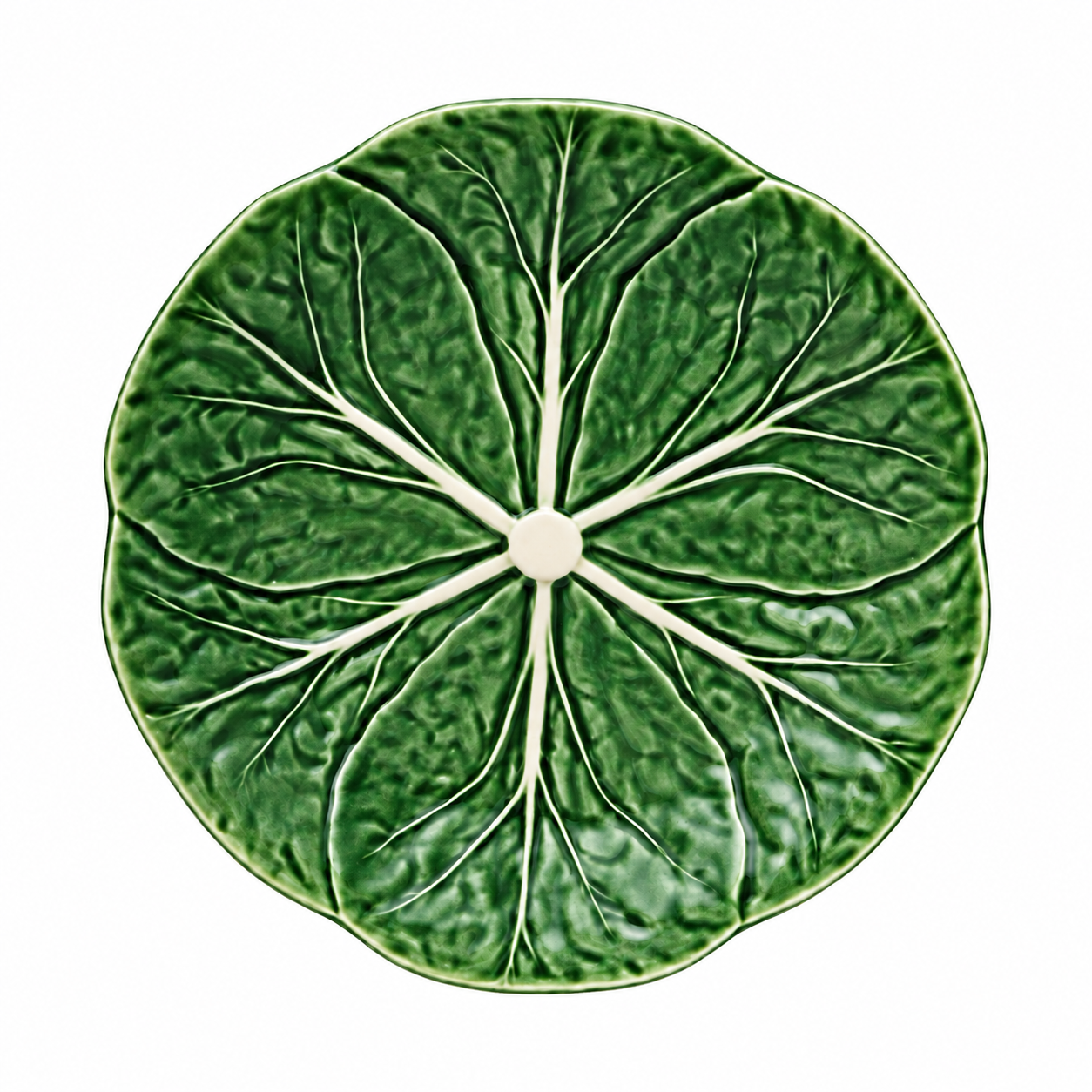 Green cabbage-leaf serving plate with raised cream-colored veins and a softly scalloped rim.