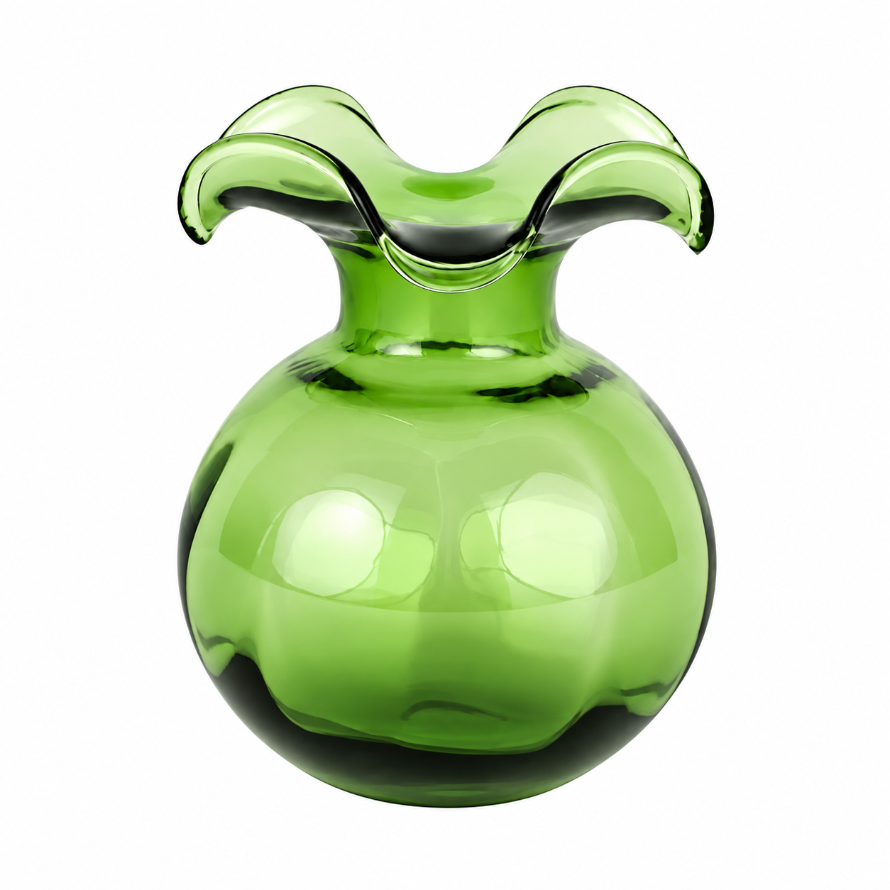Light green glass bud vase with a rounded body, narrow neck, and wide ruffled opening.