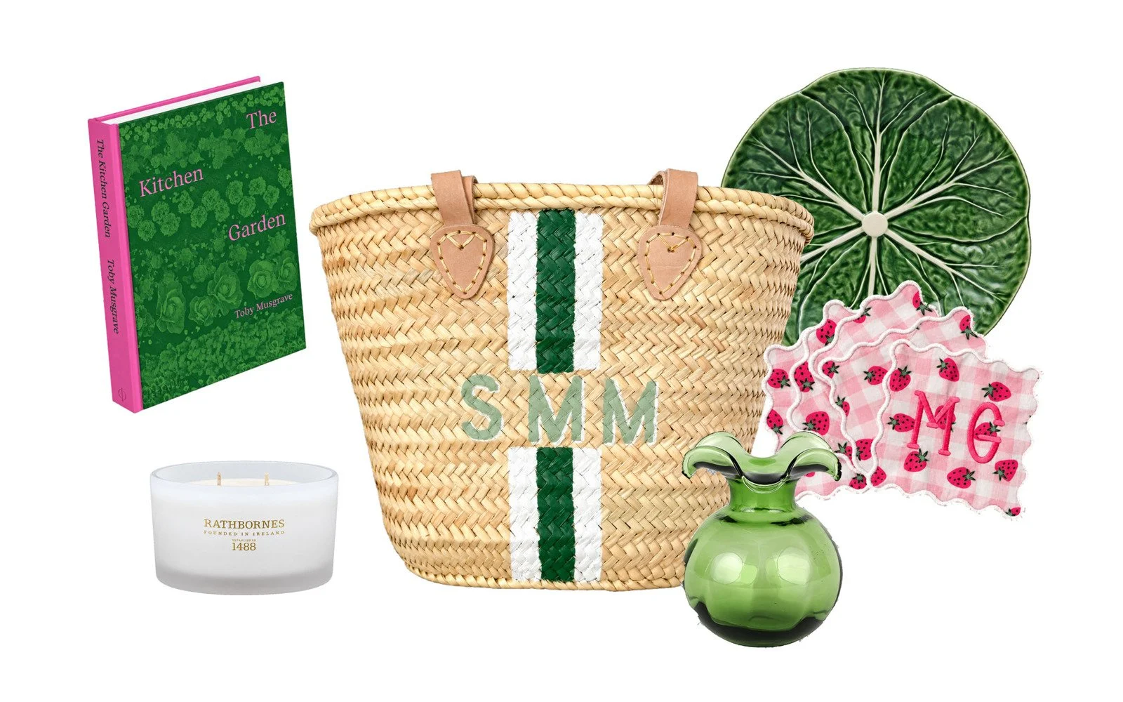 Garden hostess gift edit featuring a personalized straw market bag, gardening book, strawberry cocktail napkins, cabbage plate, rose candle and green glass bud vase.